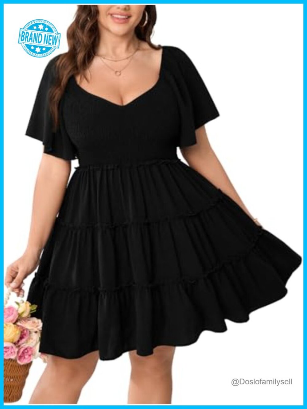 Plus Size Smocked Babydoll Mini Dress Flutter Sleeve Tiered
